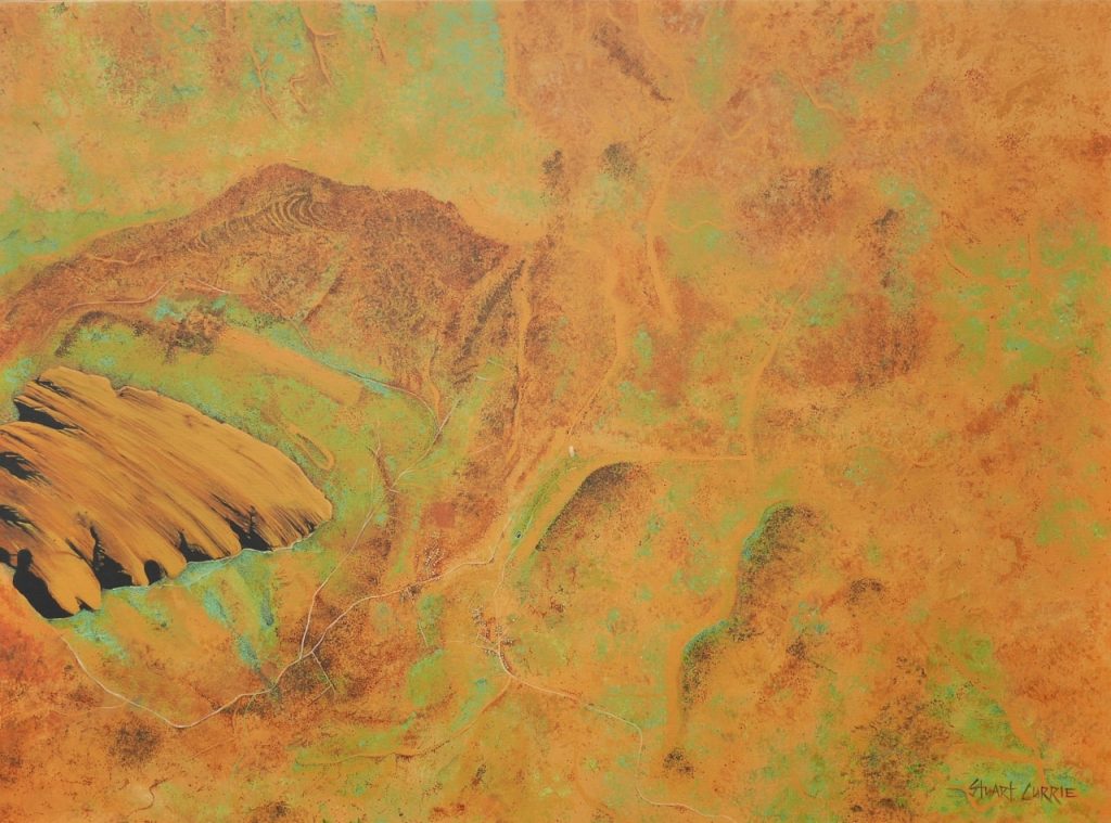 An aerial view acrylic painting of Australia's iconic rock Uluru.
