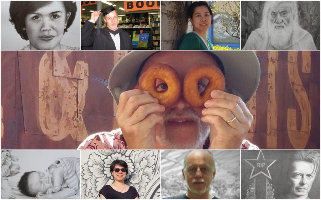 A collage of photos featuring artists Stuart Ian Currie and Nitcha Khampradit.