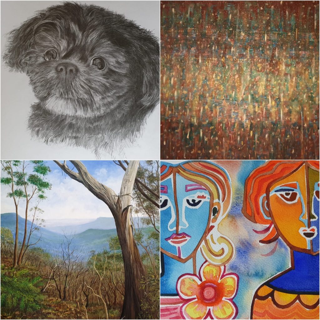 A photo collage of 4 artworks promoting Art Classes.