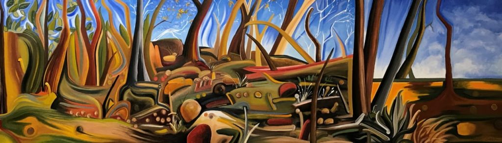 A photo of a landscape oil painting of the Blue Mountains painted in the surrealism genre.