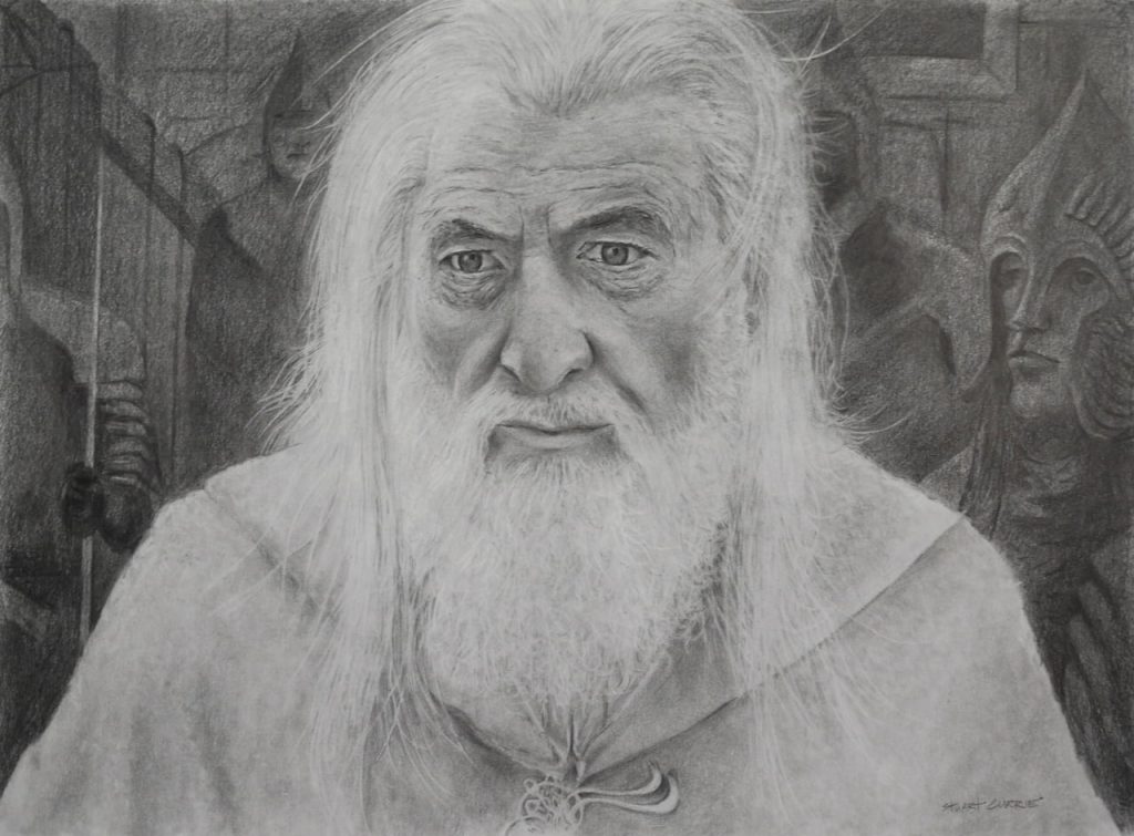 A realistic graphite drawing of Gandalf The White from TLOTR trilogy.