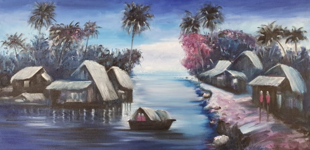 A photo of tranquil oil painting depicting a waterfront village in Vietnam.