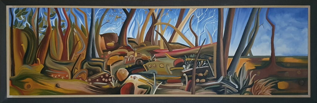 This original semi-abstract oil painting depicts bushland in the Blue Mountains.