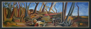 This original semi-abstract oil painting depicts bushland in the Blue Mountains.