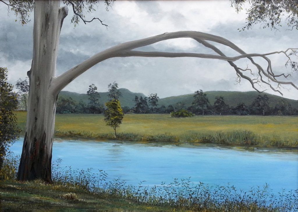 A photo of a realistic oil painting of the Bulahdelah River and adjacent landscape.