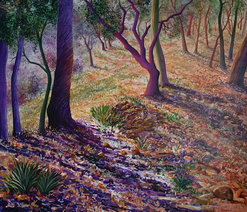 A photo of a truly stunning large acrylic painting of bushland within the Blue Mountains.