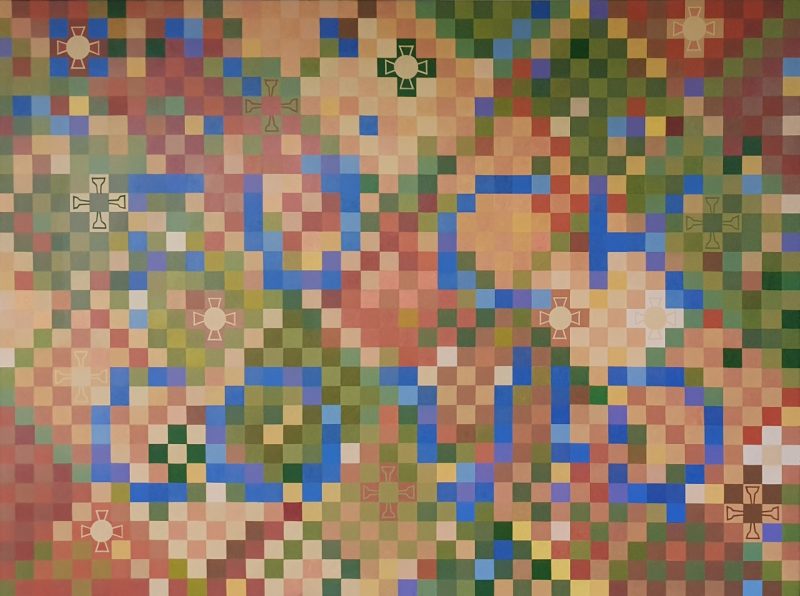 A photo of an abstract geometric acrylic painting referencing COVID-19.