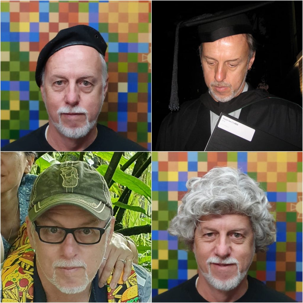 A photo collage of Stuart Ian Currie wearing hats and a wig.