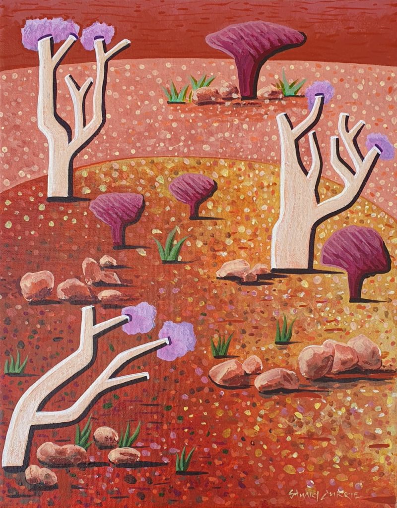 A photo of a small stylised acrylic landscape painting depicting the Sturt Stony Desert in outback Australia.