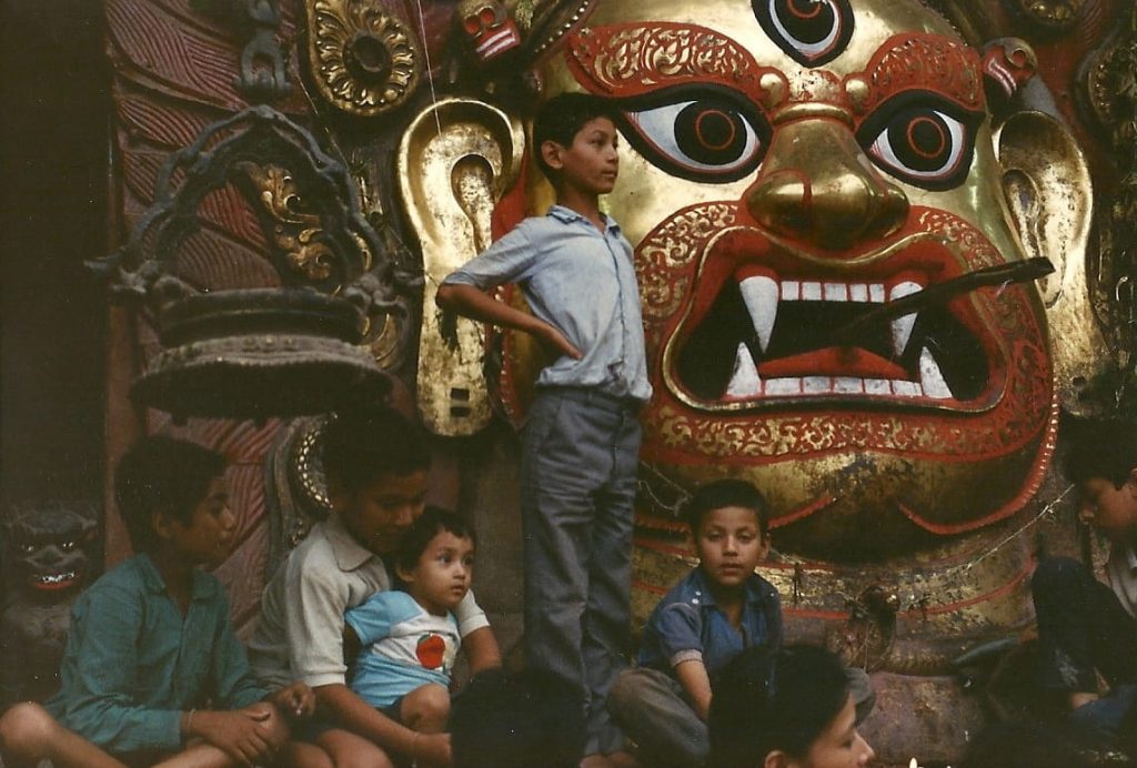 A photo of a large deity statue in the Thamel district of Kathmandu.