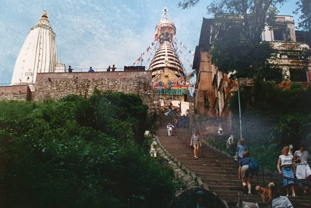 A photo of Swayambhunath (Monkey Temple) located on the outskirts of Kathmandu.
