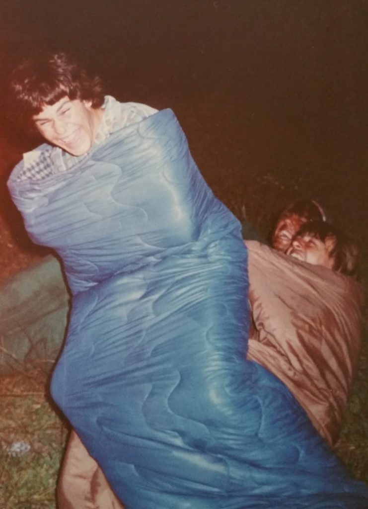 A 'Starman' fight on the Bawley Point headland. The object of this activity is to stand inside a sleeping bag and try to knock your opponents to the ground.