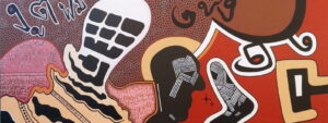 This abstract acrylic painting uses symbols and metaphors to address the sense of identity as a white Australian male.