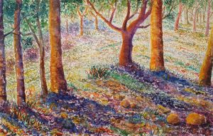 A photo of a semi abstract watercolour landscape painting of bushland near Jenolan Caves, NSW.