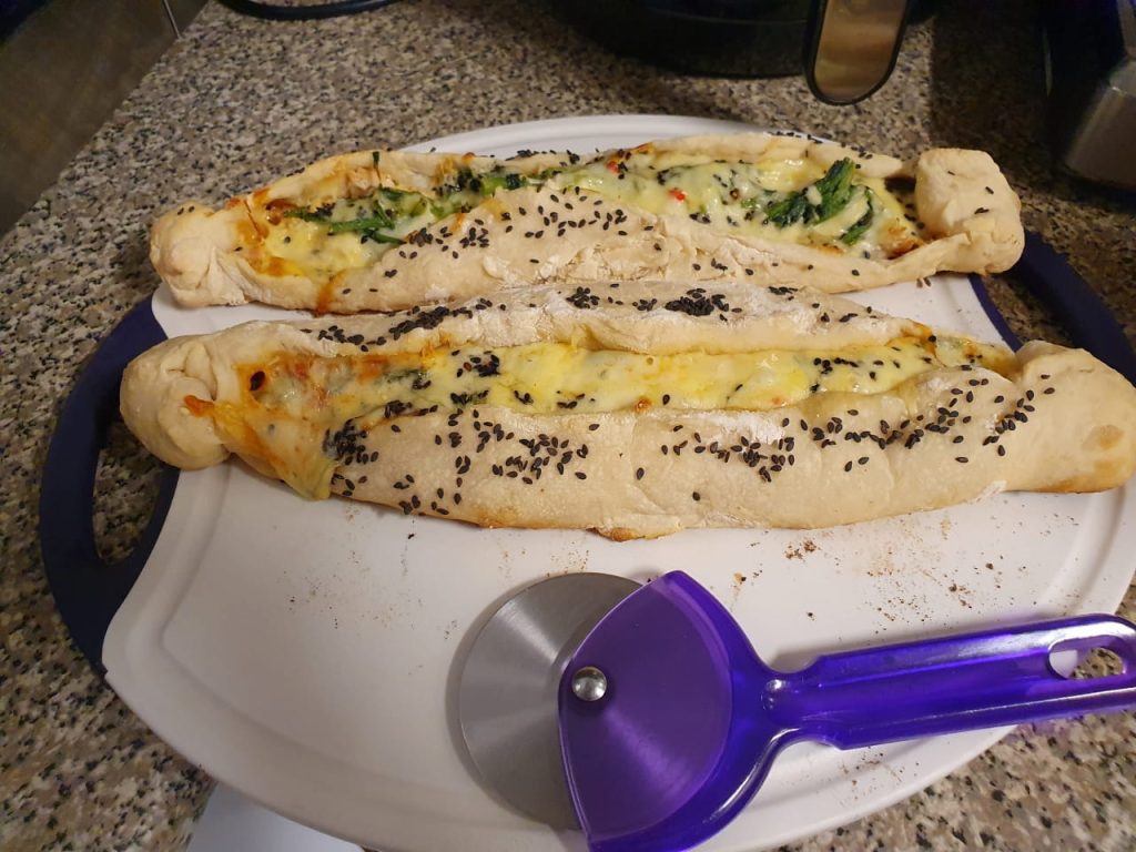 A photo of a home-made Turkish Pide.