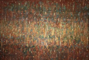 A large-scale abstract acrylic painting referencing rural Australia.