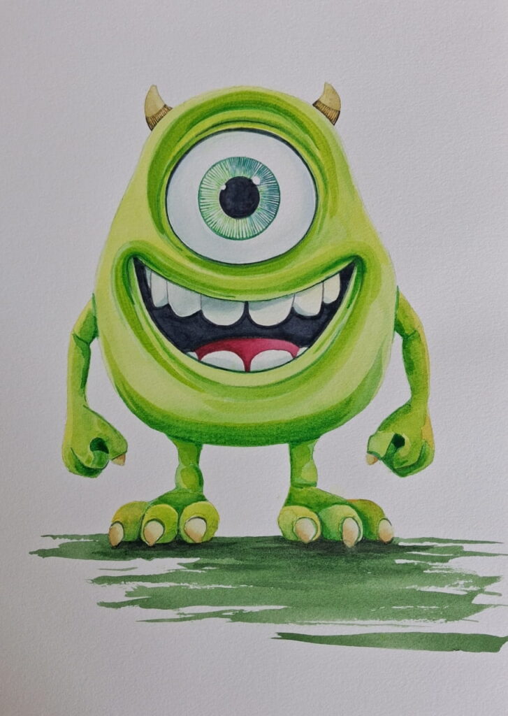 A watercolour painting of the Monsters Inc character Mike Wazowski.