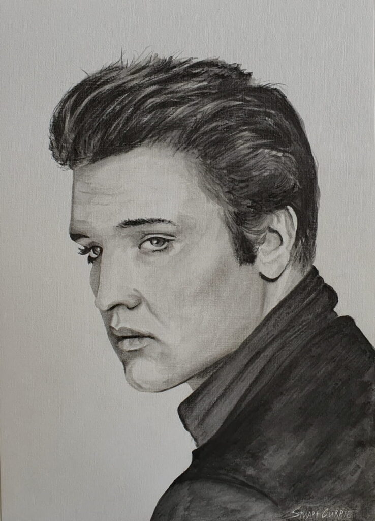 A realistic portrait drawing of Elvis Presley.