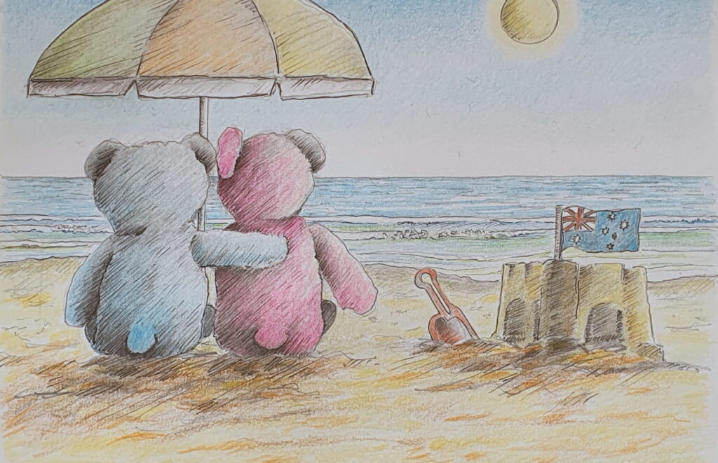 A drawing of 2 teddy bears sitting under an umbrella at the beach.