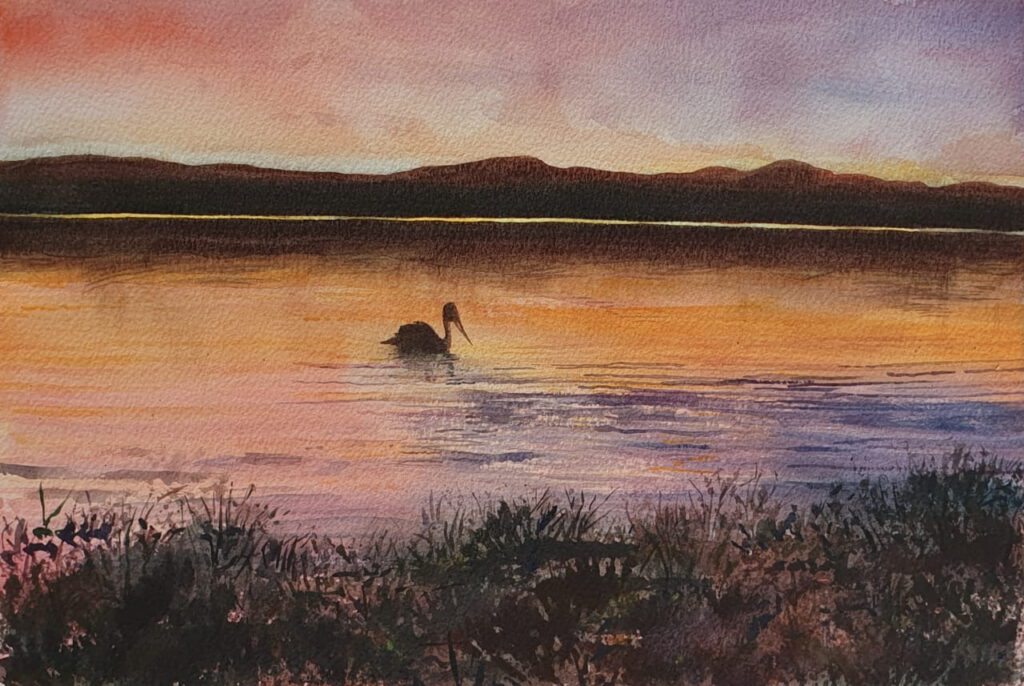 A watercolour painting of a tranquil sunset over the Minnamurra River.