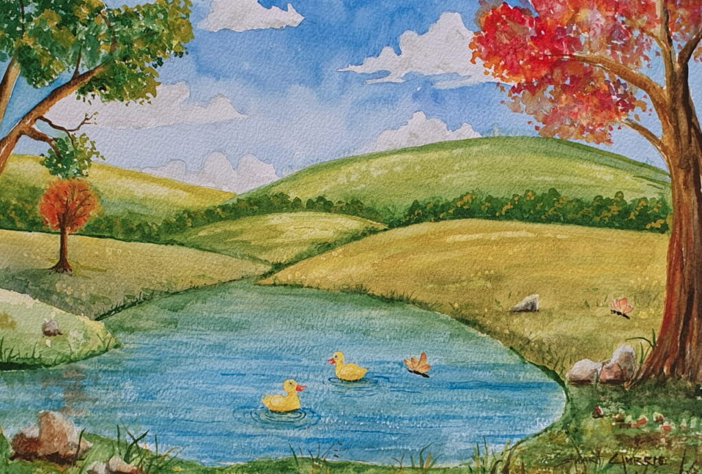 A watercolour painting of ducks in a pond - for a children's book.