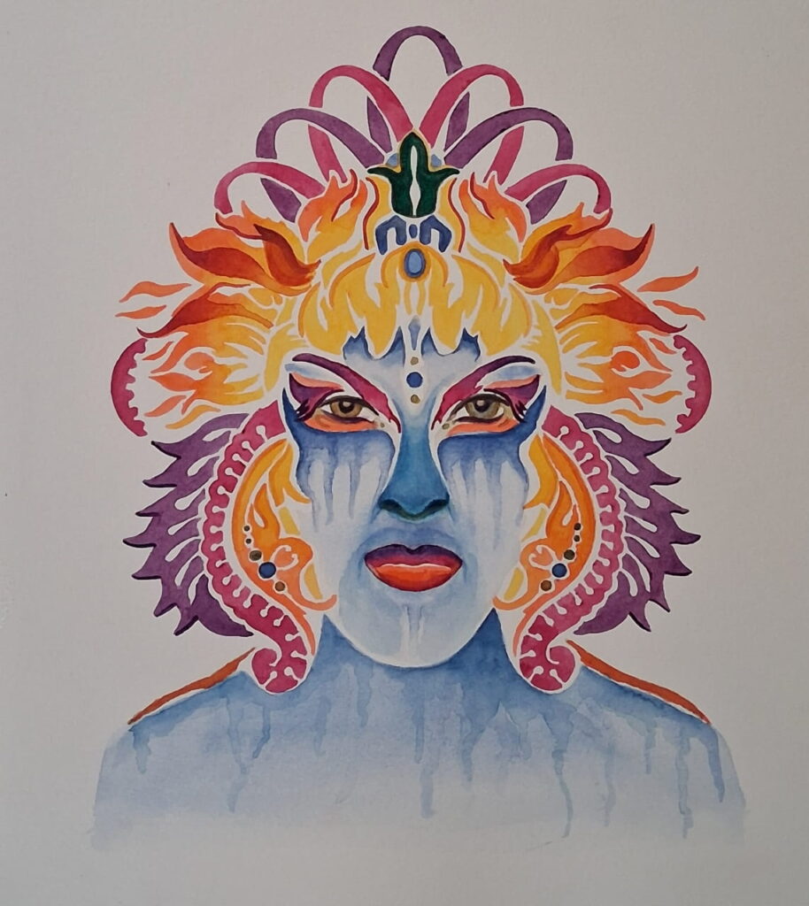A stencil assisted watercolour painting of a woman.
