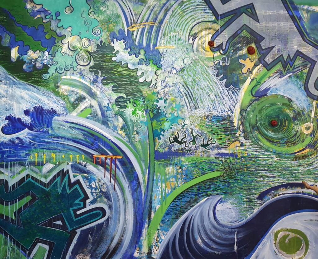 A large abstract acrylic painting depicting a Tsunami.