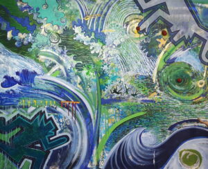 A large abstract acrylic painting depicting a Tsunami.