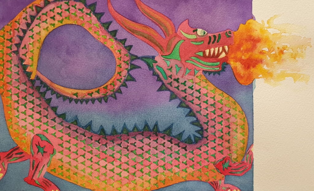 A stencil assisted watercolour painting of a dragon.