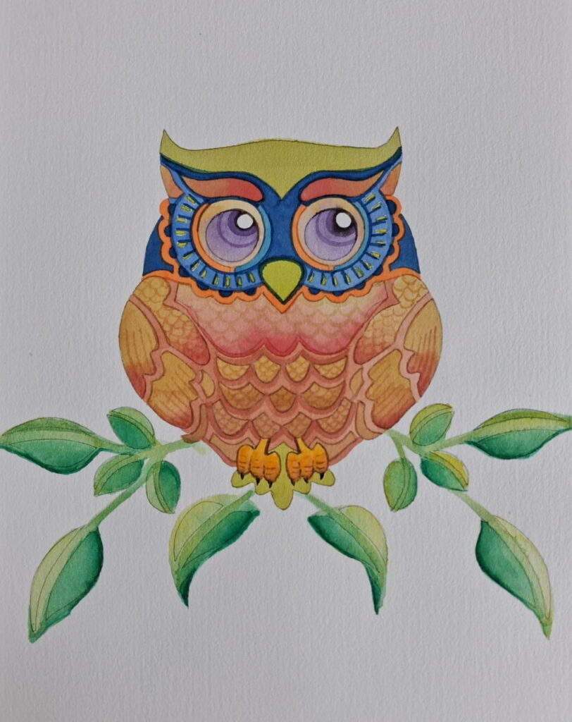 A stencil assisted watercolour painting of an owl