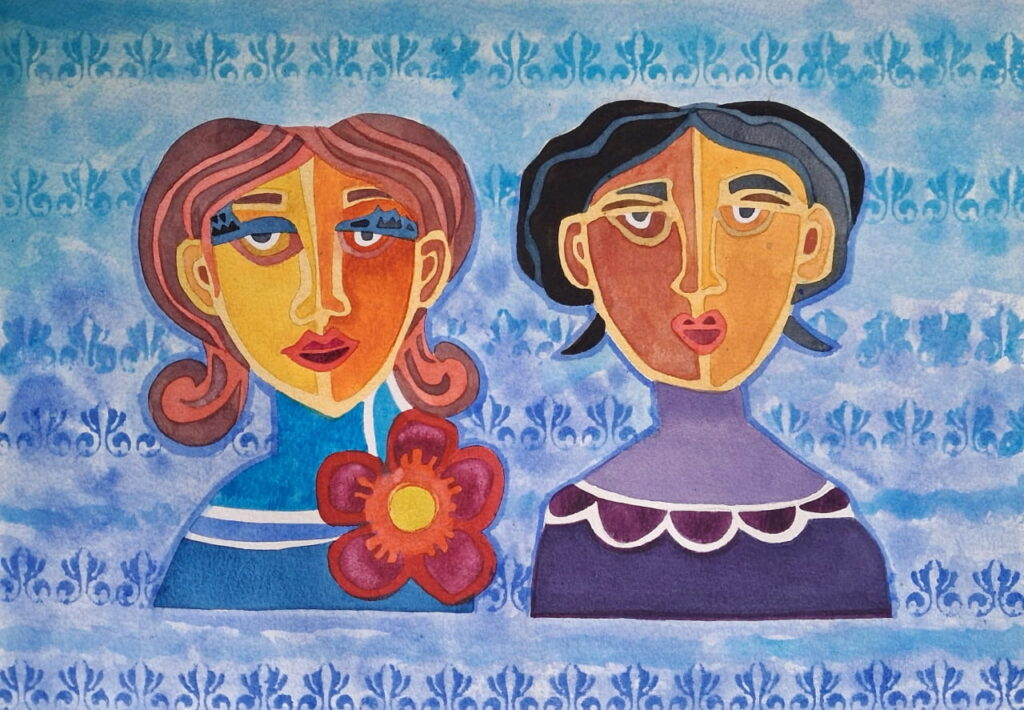 A stencil assisted watercolour painting of 2 people.