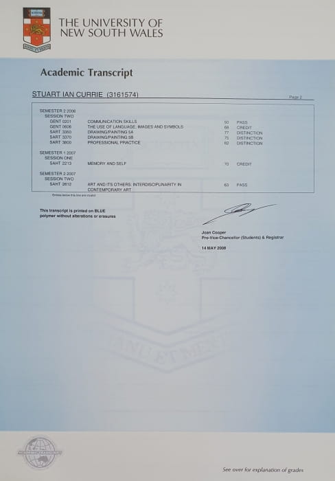 Stuart Ian Currie -Stuart Ian Currie - Bachelor of Fine Arts, Uni NSW - academic record p2, 2008