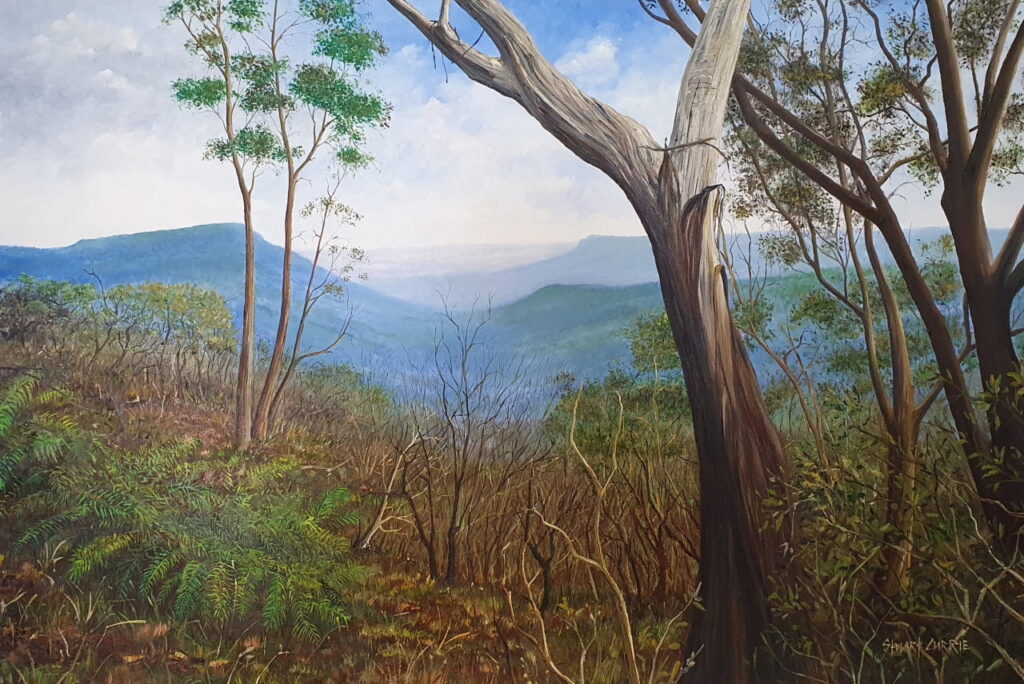 A realistic oil landscape painting depicting a Blue Mountains vista.