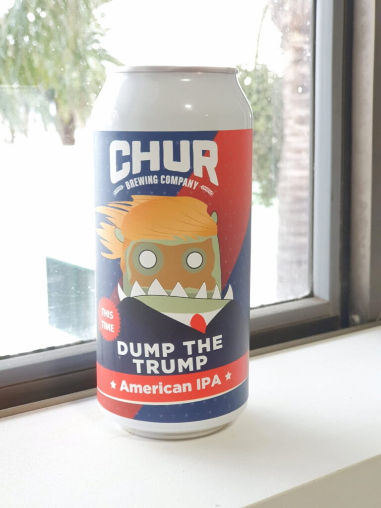 Dump The Trump unopened beer can on a windowsill.