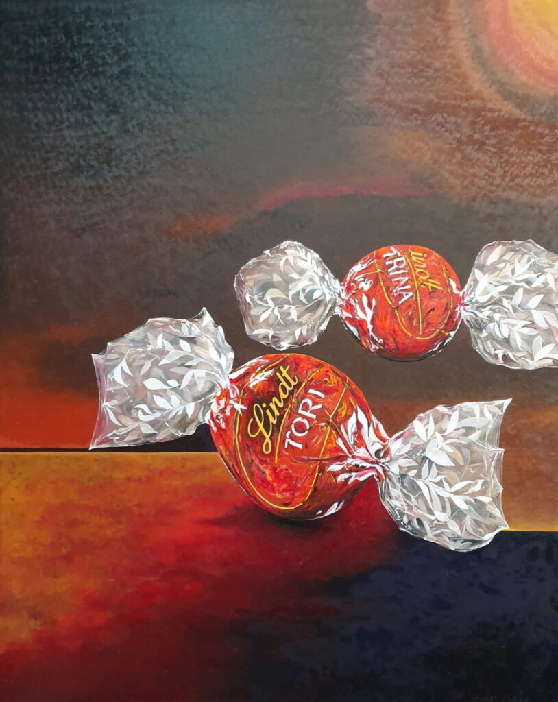 This oil painting of 2 Lindt chocolates is a tribute 'memorial' to Tori Johnson and Katrina Dawson.