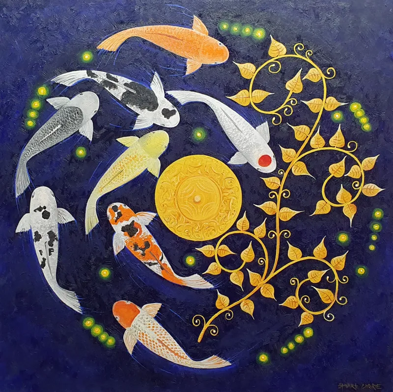 A photo of a feng shui inspired oil painting featuring koi fish and the circle of prosperity.